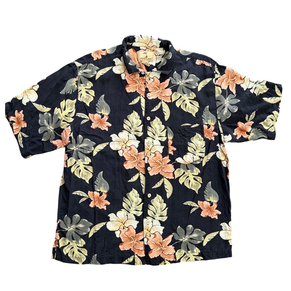 Jamaica Jaxx Silk Floral Hawaiian Shirt Mens Large black Tropical Monstera beach